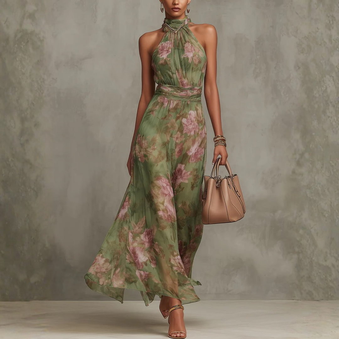 Christel | Floral Halter Neck Chiffon Maxi Dress