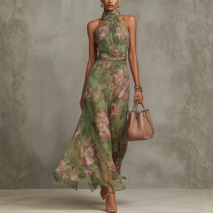 Christel | Floral Halter Neck Chiffon Maxi Dress
