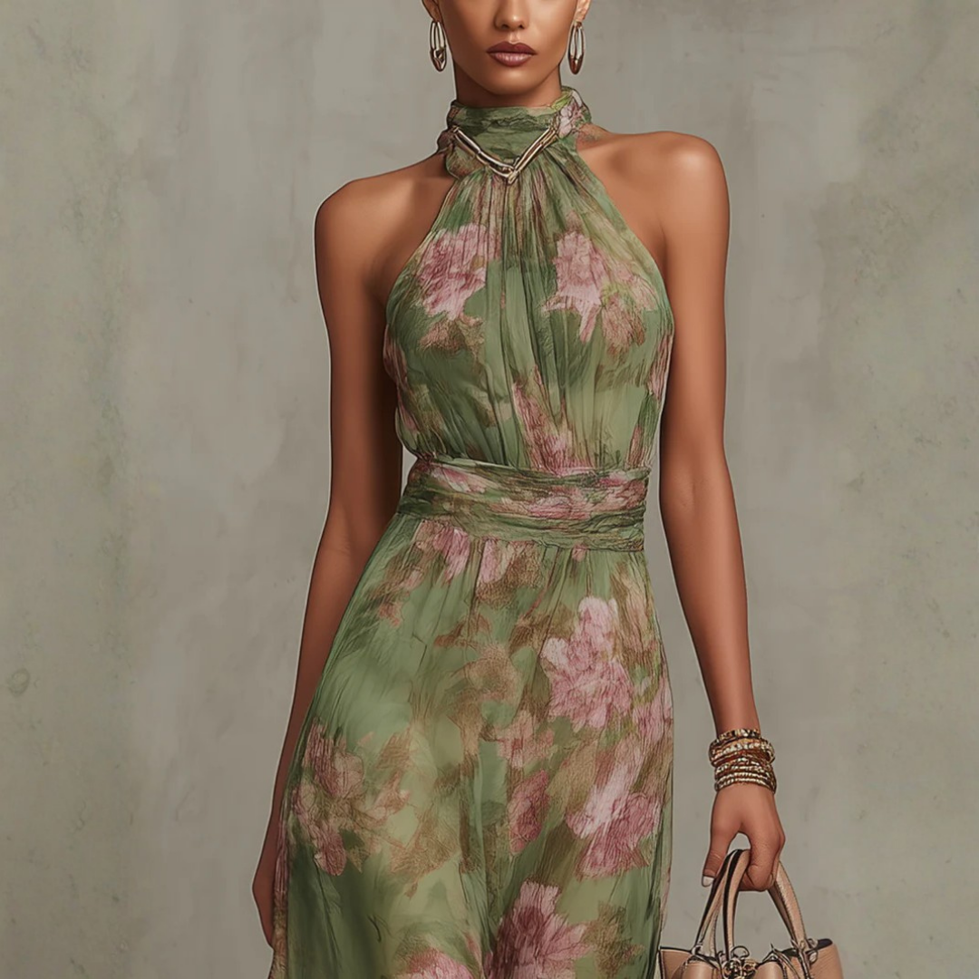 Christel | Floral Halter Neck Chiffon Maxi Dress