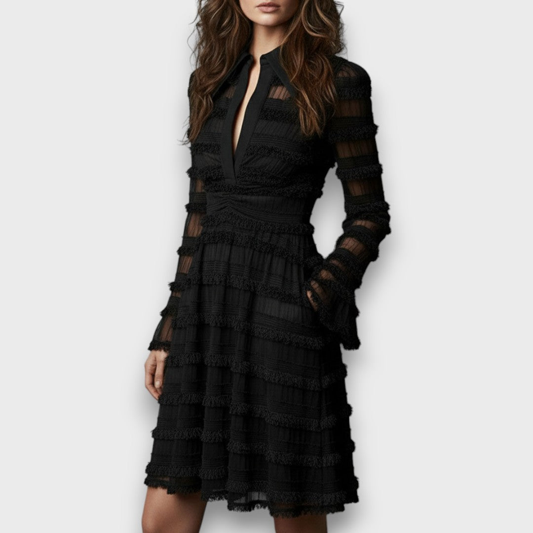 Black Midi Dress with Sheer Fringe