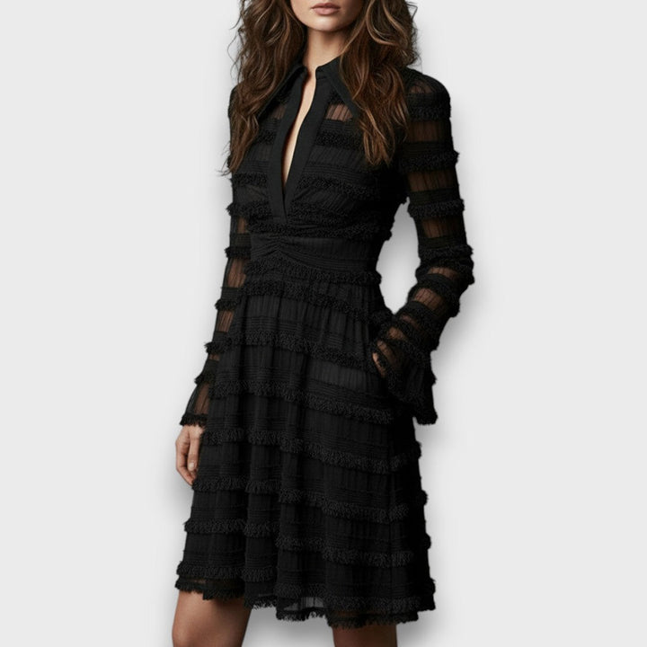 Black Midi Dress with Sheer Fringe