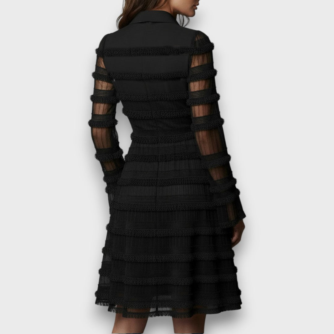 Black Midi Dress with Sheer Fringe