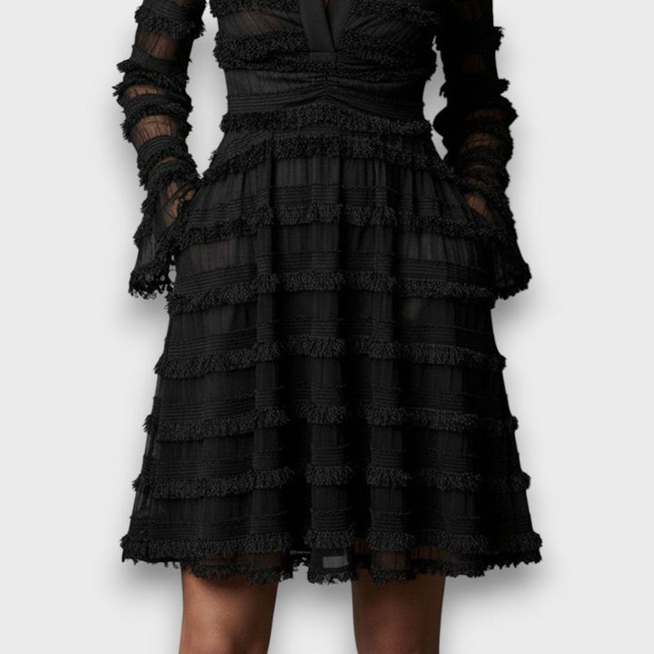 Black Midi Dress with Sheer Fringe
